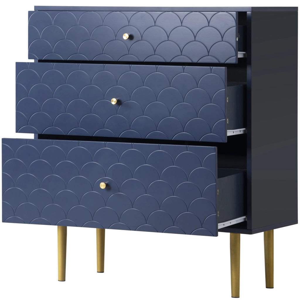 OKWISH Comò con 3 Cassetti, Frontale con Motivo a Scaglie e Gambe in Metallo, Legno e Metallo, Blu Navy, 75 x 40 x 89 cm