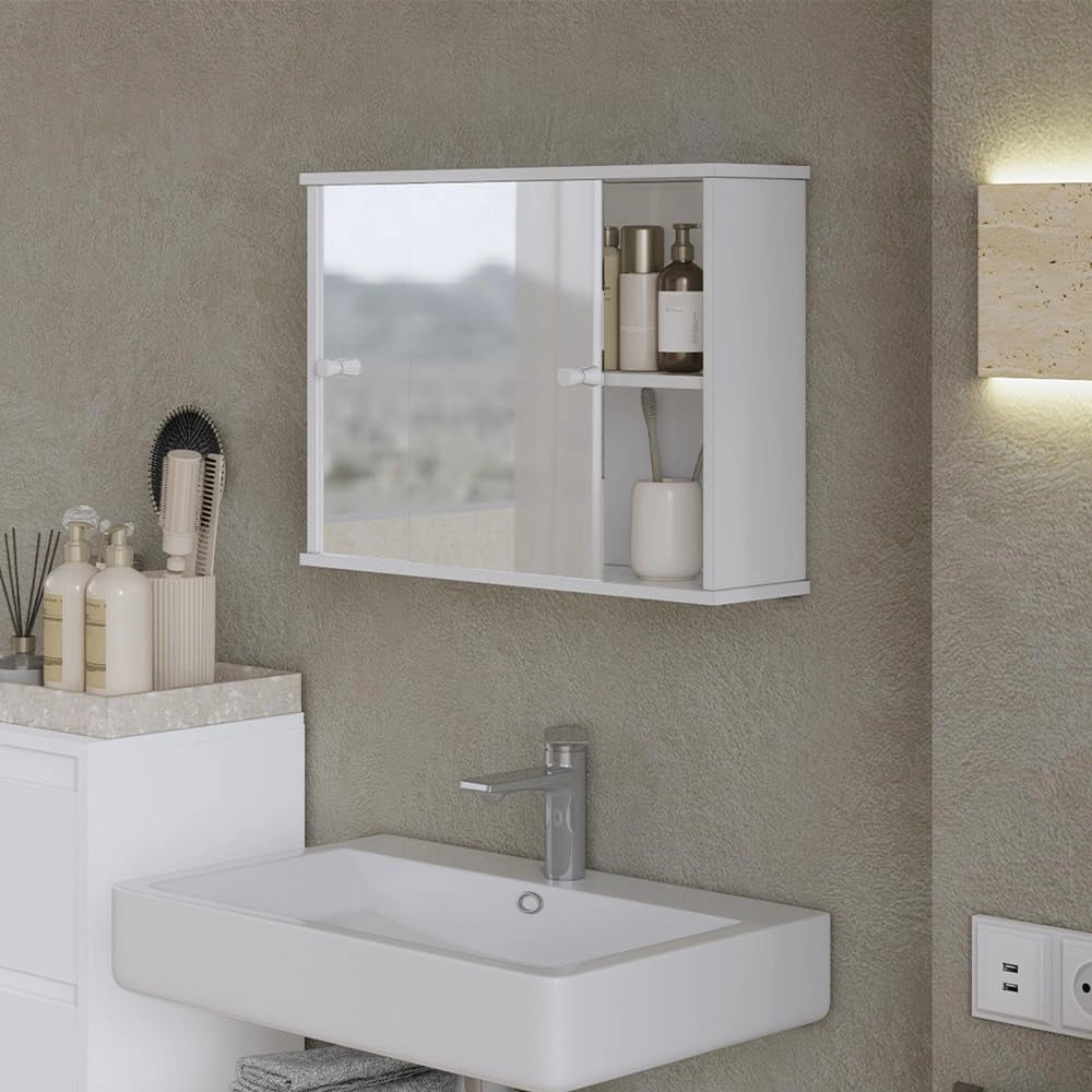 Mobile a specchio per il bagno Mireo, Bianco, 55 x 40 cm con 2 porte scorrevoli, per montaggio a parete con ripiani aperti