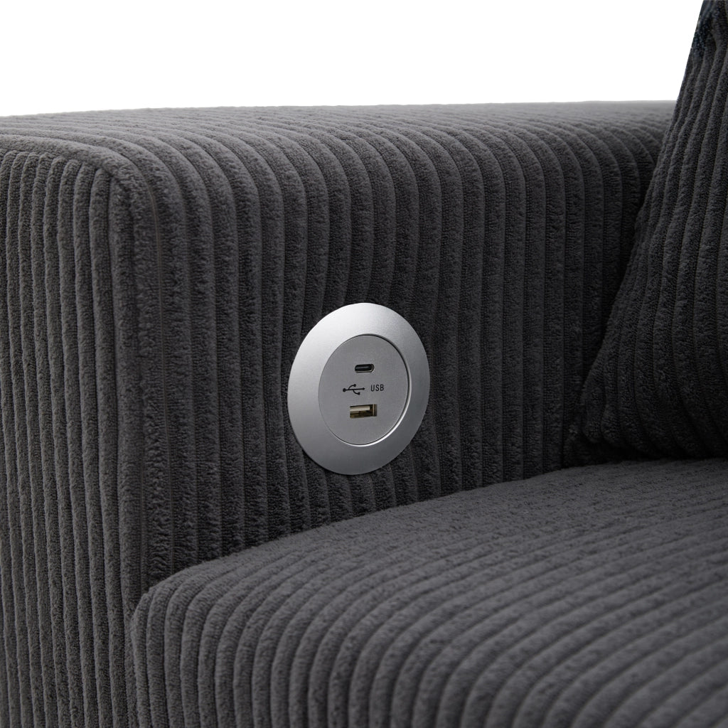 Divano Angolare Convertibile 3-4 Posti con Letto, USB e USB-C, Contenitore, Scaffale, Velluto a Coste Grigio
