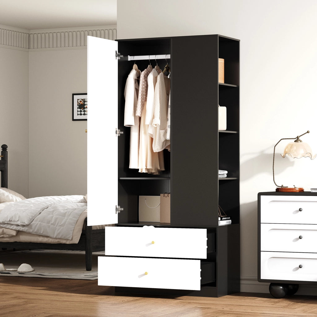 Armadio Guardaroba Bianco e Nero 80×40×180 cm con Specchio; 1 Anta; 2 Cassetti e 4 Ripiani