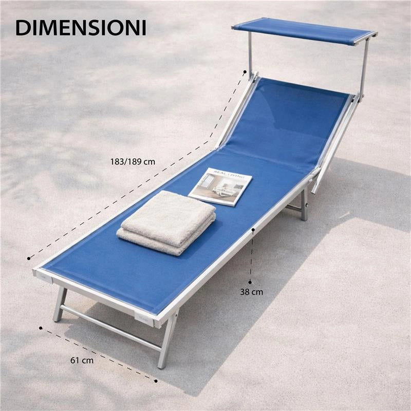 LETTINO RIMINI PRENDISOLE IN ALLUMINIIO CON PARASOLE PIEGHEVOLE 61X183/189X38H CM , COLORE BLU