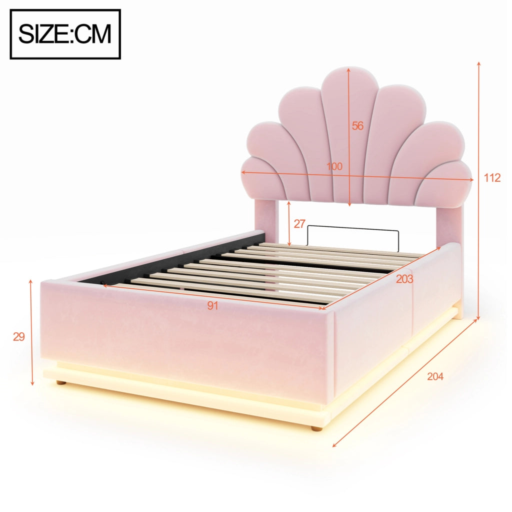 Letto imbottito 90x200 cm con contenitore, LED e testiera floreale