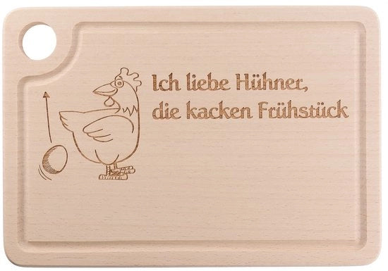 Tavolo da colazione in legno con incisione "Amo le galline, loro..." 
Tavolo da colazione in legno con contenitore per uova e foro per manico 
Ideale regalo originale