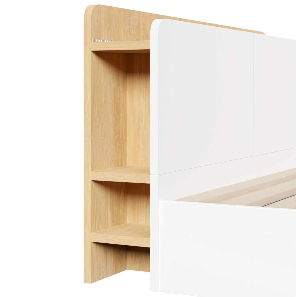 Letto matrimoniale 140x200 cm con contenitore idraulico; LED; USB e USB-C; bianco e naturale