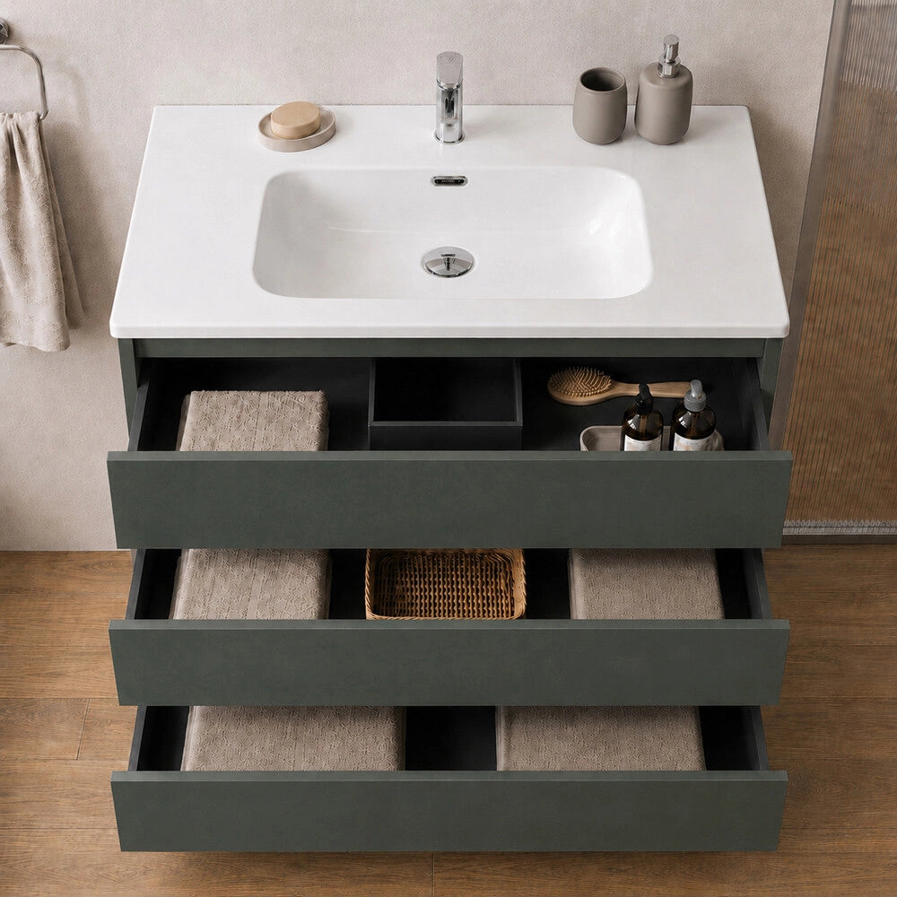 Mobile bagno a terra 100 cm verde tre cassetti push-pull con lavabo Tierra