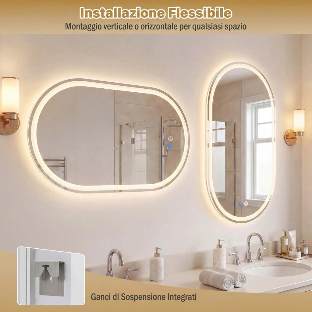 Specchio Bagno con Luce 80 x 50 cm, Specchio Ovale da Parete in Vetro Temperato IP44 con 3 Colori Dimmerabile, Antiappannamento, Memoria, Orizzontale/Verticale (80 x 50 cm, Modello 2)