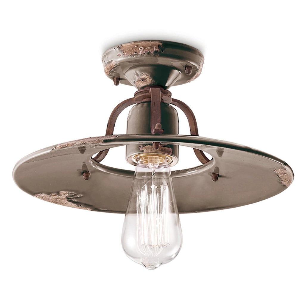 Plafoniera Vintage Country Ferro E Ceramica Tortora D30 1 Luce E27