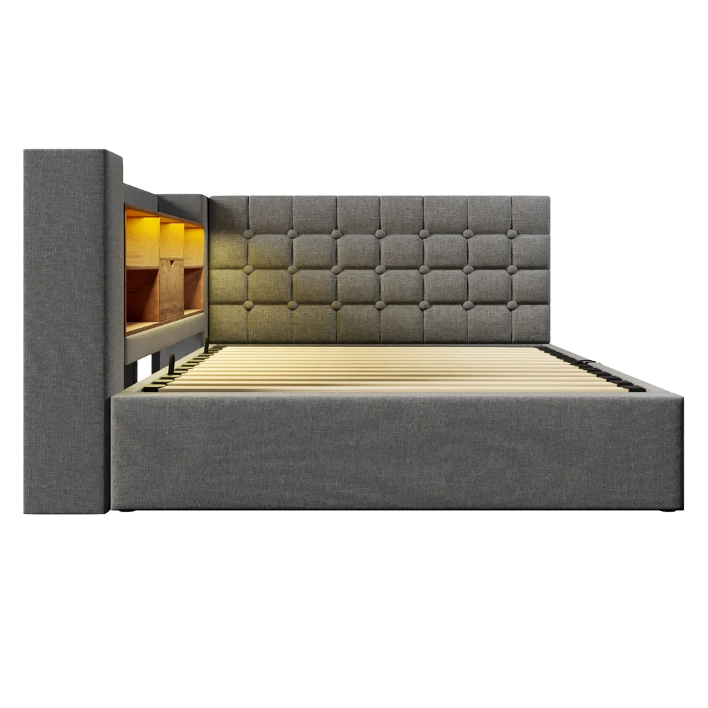 Letto matrimoniale con LED, ricarica USB, contenitore idraulico e testiera L reversibile in lino grigio 140 × 200 cm