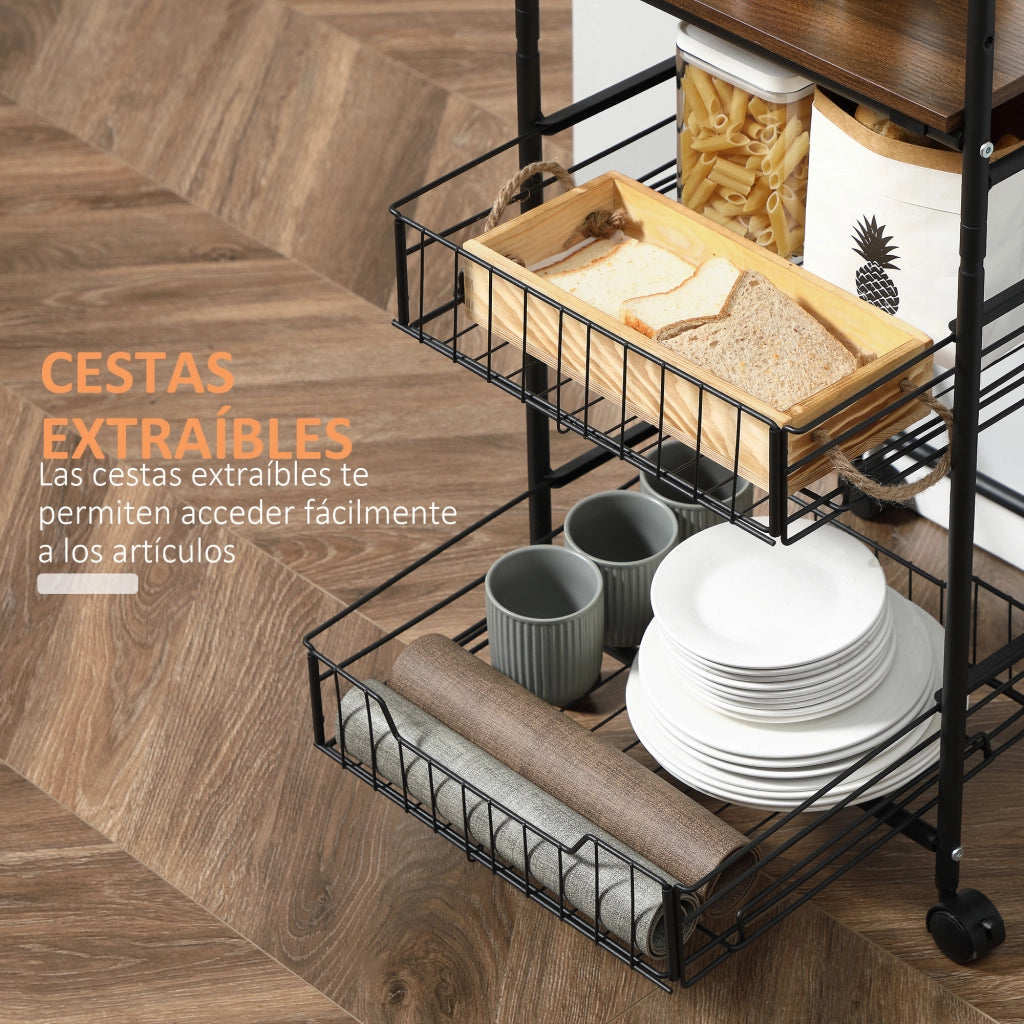 Carrello Multiuso con 2 Ripiani 2 Cestini Estraibili 4 Ganci ¨C Xylo ¨C Noce Nero 40x38x111 cm