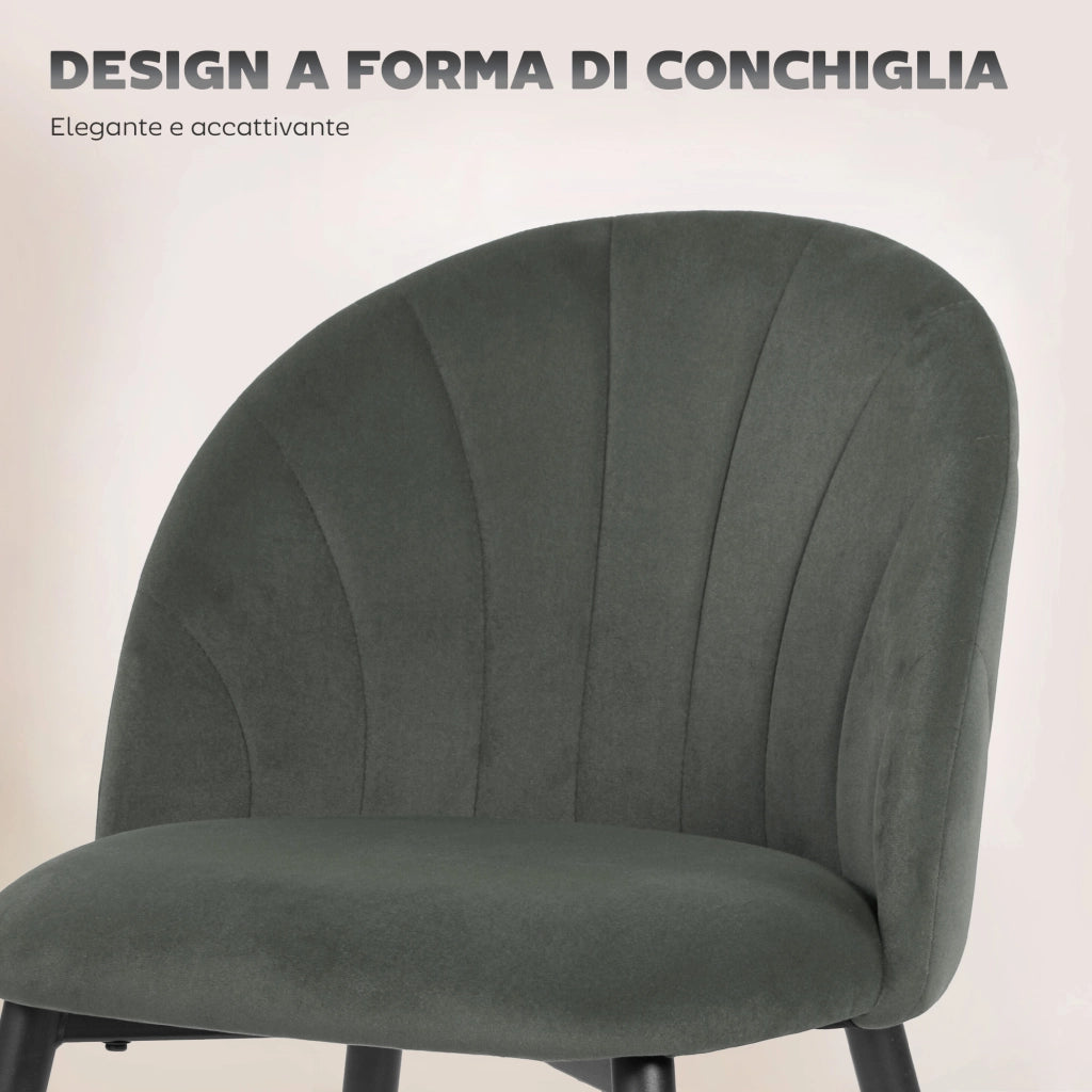 Set 2 Sedie da Pranzo 52x55x79 cm Imbottite con Schienale a Conchiglia in Velluto Grigio