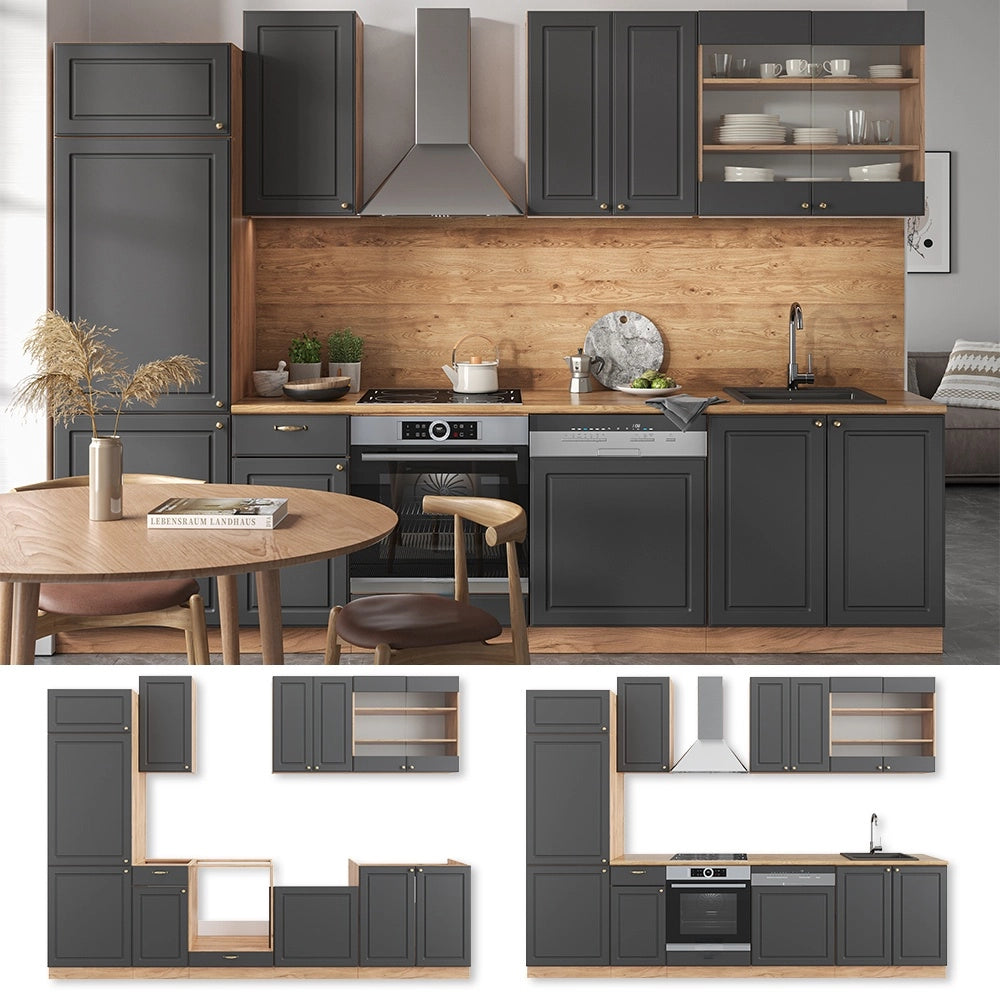 Cucina componibile Fame-Line Antracite rustico/Rovere dorato 300 cm, PL Marmo Vicco
