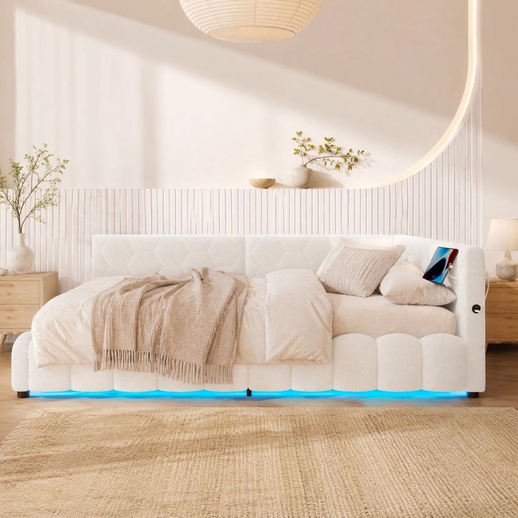 Letto daybed 140x200 cm con contenitore; LED; USB e Type-C; bianco