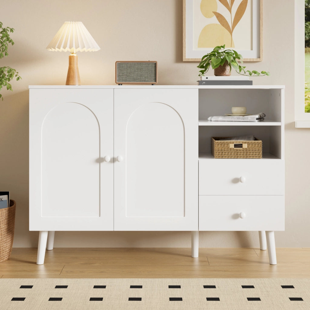 Credenza con 2 ante, 2 cassetti e 2 vani aperti, per soggiorno sala da pranzo e ingresso, bianco, 118 × 35 × 82 cm