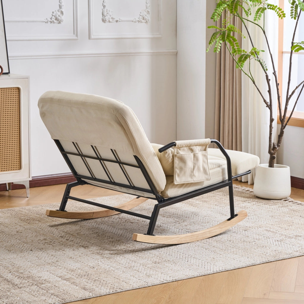 POLTRONA OSCILLANTE con schienale regolabile e poggiapiedi, Beige, velluto a coste