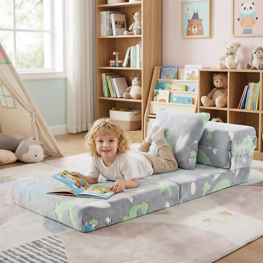 Divano letto 3-in-1 con coperture lavabili a cerniera e cuscino extra, Divano per bambini che luminesce Grigio