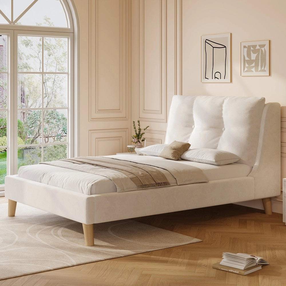 Letto Singolo Imbottito con Testiera e Rete a Doghe ¨C MINIMAL ¨C Velluto Beige 90x200