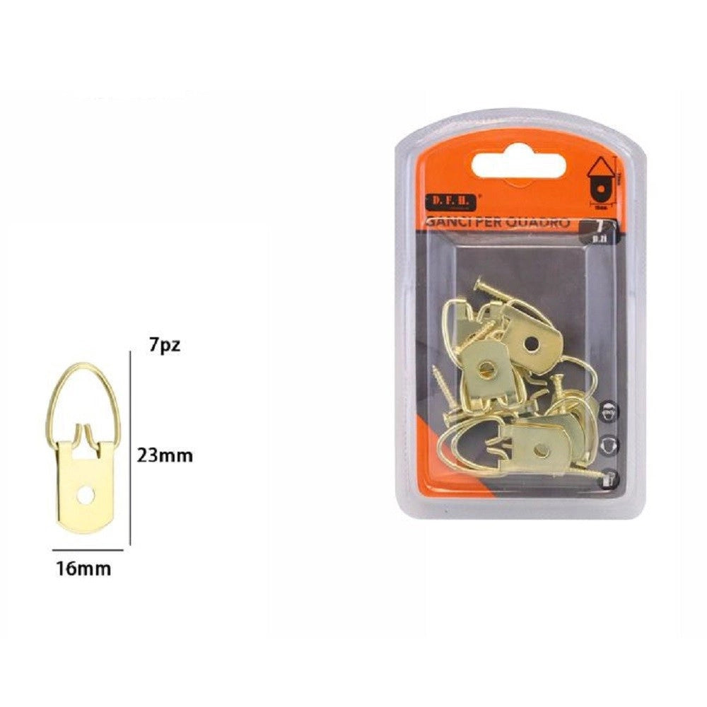 Trade Shop - Set 7 Pz Ganci Gancetti Dorati Per Quadri Cornici Appendere Parete 16x23mm 07998 -
