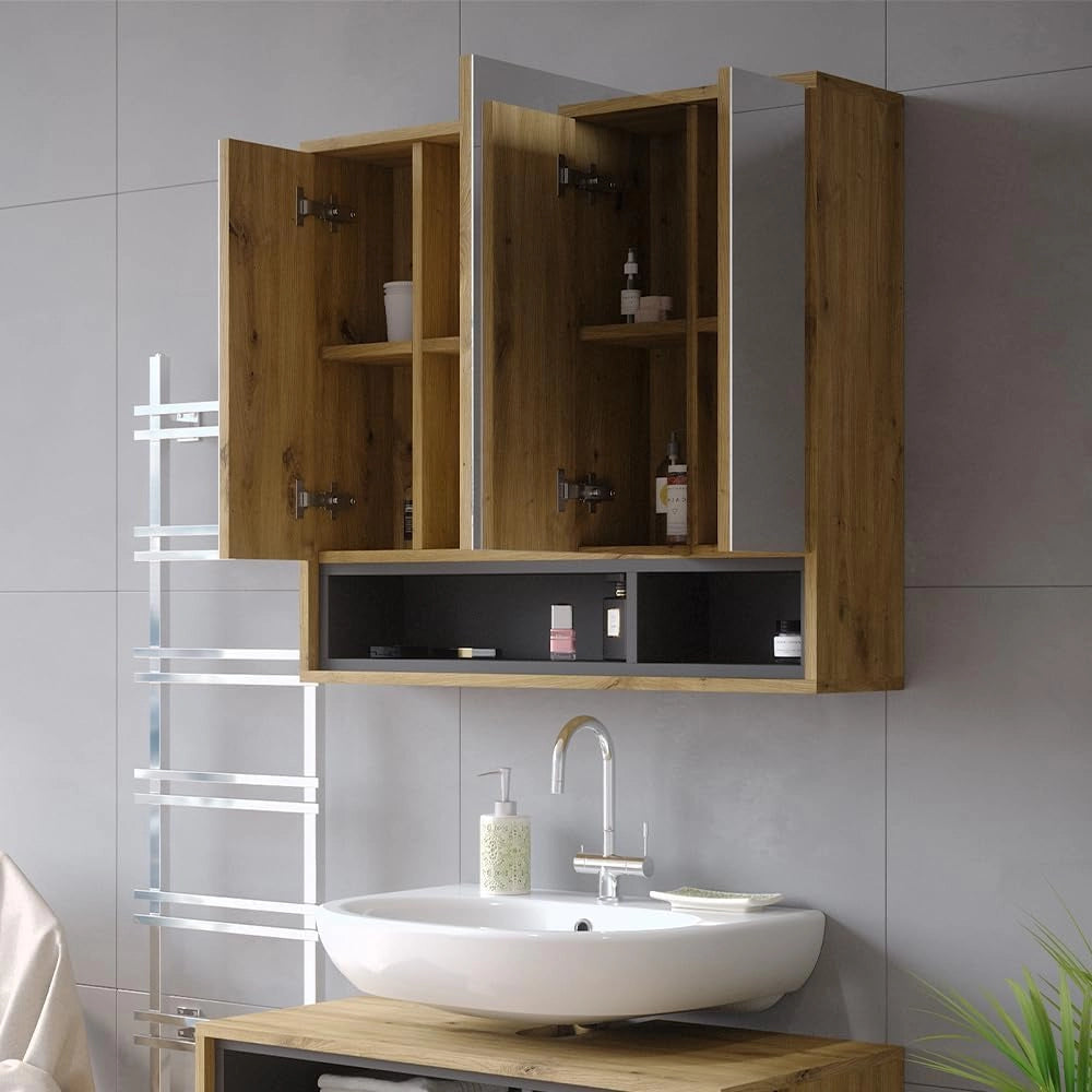 Specchio contenitore bagno Beatrice, Rovere artigianale/antracite, 80 x 72 cm, per montaggio a parete con ripiani aperti