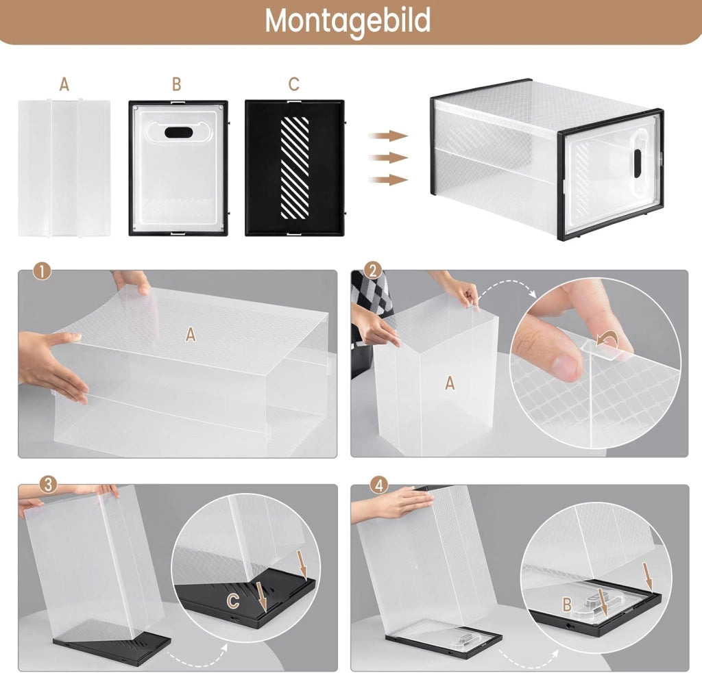 Set di 18 Scatole per Scarpe Trasparenti, Porta Scarpe Impilabile, Scarpiera con Coperchio Magnetico, in Plastica per Guardaroba, Trasparente e Nero, 35x25x19cm