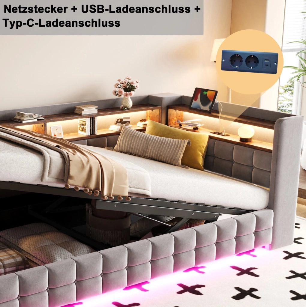 Letto imbottito 90x200 cm con contenitore idraulico; LED; USB-C; ripiani; velluto grigio chiaro