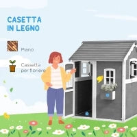 Casetta per Bambini 3-8 Anni con 6 Finestre e Fioriera, in Legno di Abete, 104.5x110x137 cm, Grigia