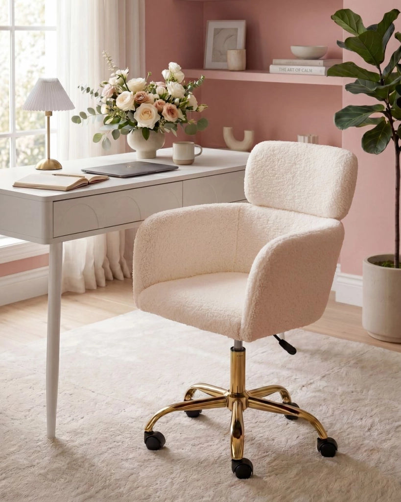 Sedia da Ufficio Girevole in Bouclé Beige Chiaro con Altezza Regolabile