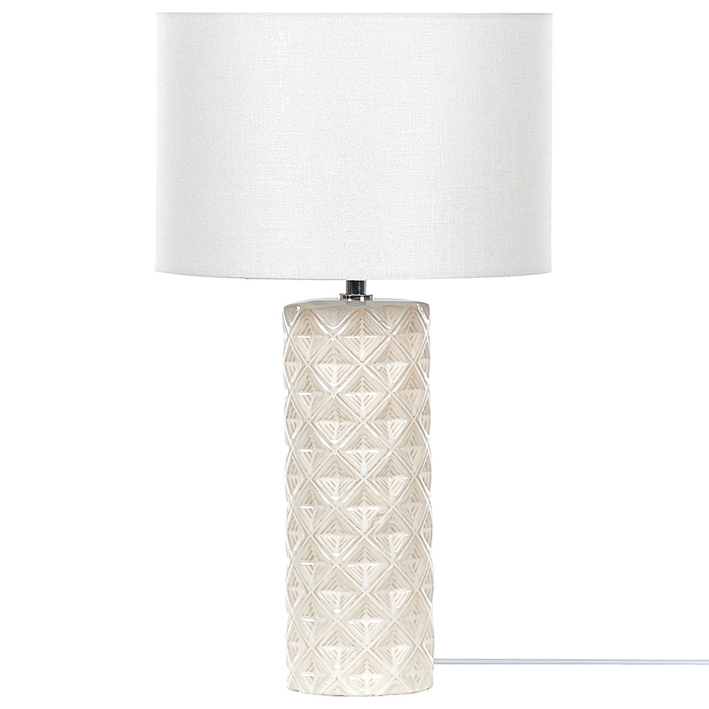 Lampada da Tavolo Luce Beige Ceramica 49 cm Motivo Geometrico Bianco Tamburo Paralume Comodino Soggiorno Camera da Letto Illuminazione