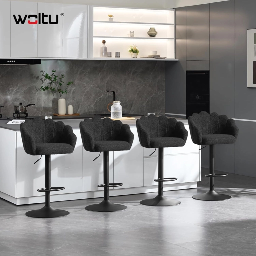 Sgabelli Cucina Set di 2, Regolabile e Girevole a 360°, Seduta in Tessuto Teddy, con Schienale e Poggiapiedi, per Cucina, Sala da Pranzo, Bar, Nero