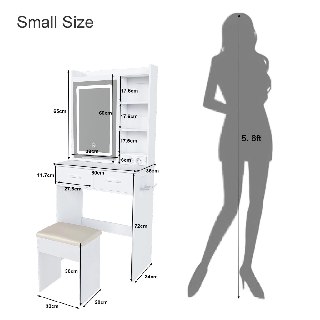 Tavolo trucco con specchio e LED regolabile; 60 cm; bianco in MDF con sgabello