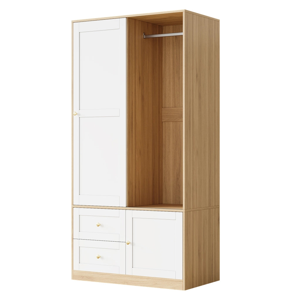 Armadio con porta scorrevole, struttura semiaperta con asta appendiabiti e 2 cassetti, 90×50×180 cm, MDF, Naturale/Bianco