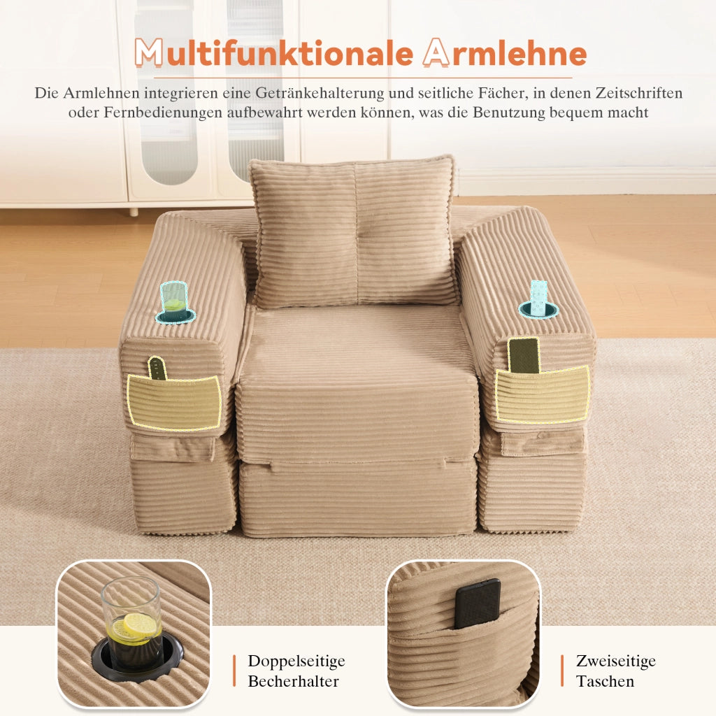 Divano letto in velluto a coste con cuscini in memory foam, tasche laterali e portabicchieri, kaki 122 × 98 × 80 cm