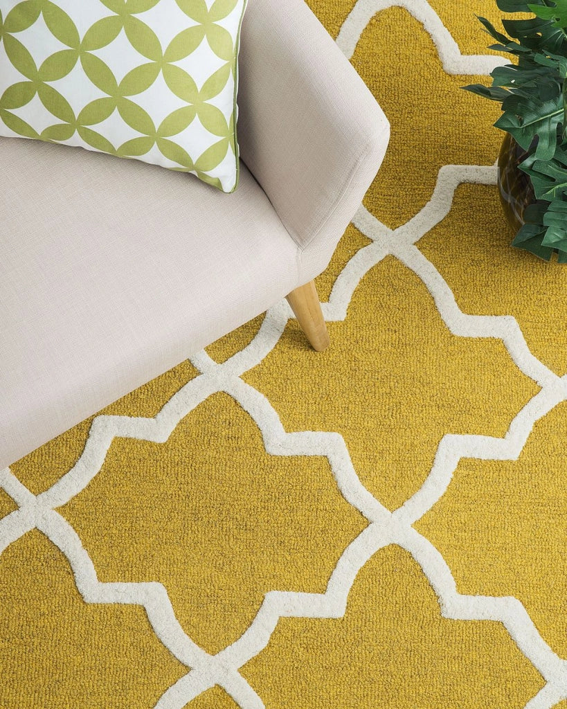 Tappeto tappetino Giallo Lana 80 x 150 cm Traliccio Motivo Quadrifoglio Trapuntato a Mano Orientale Marocchino Trifoglio