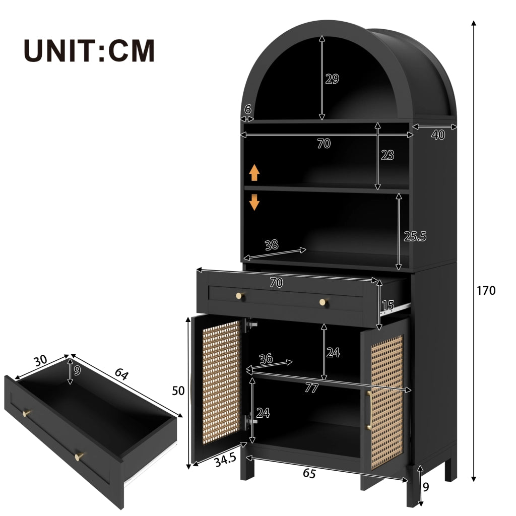 Credenza moderna con 3 vani aperti, 1 cassetto e 2 ante, anti-ribaltamento, per soggiorno, nero, 70 × 40 × 170 cm