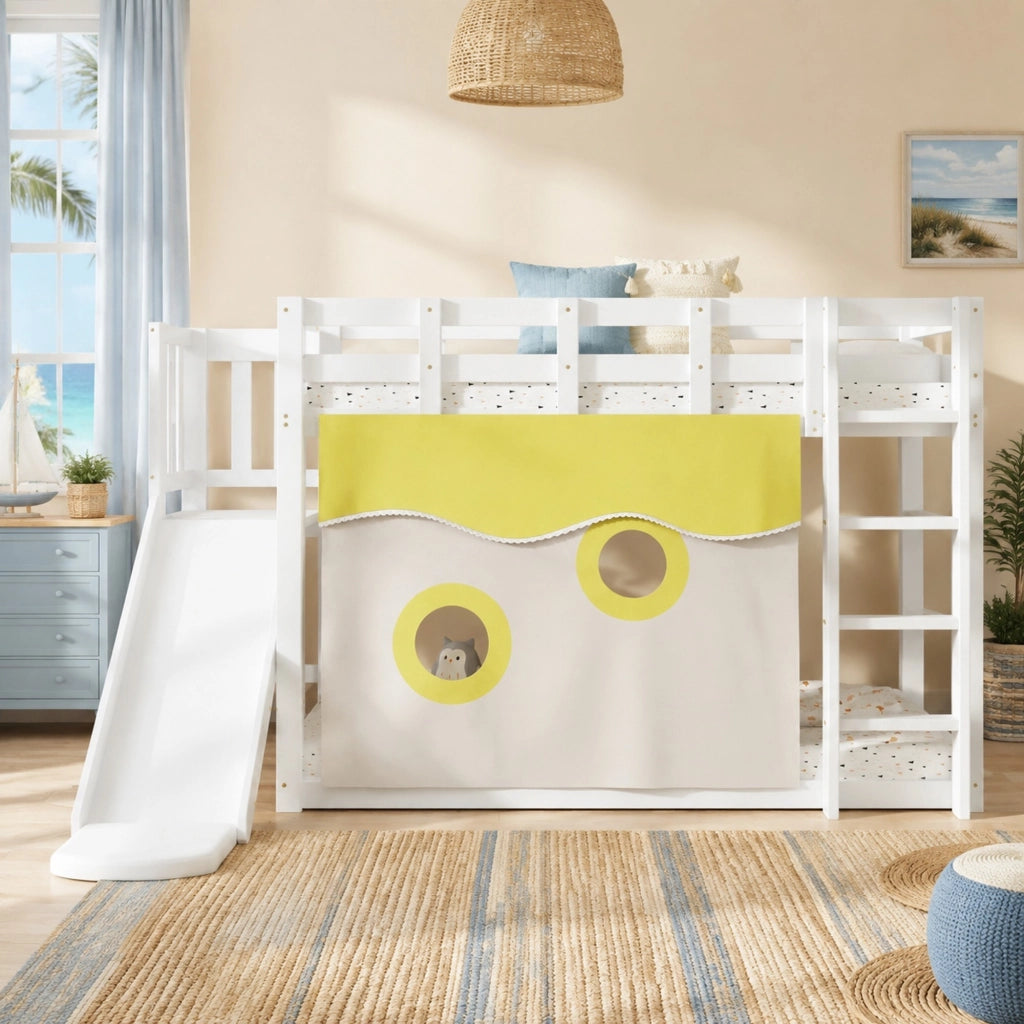 DESMIU Letto a castello bambino 90 × 200 cm 2 posti con scala, barriera e scivolo, senza materasso, in MDF e pino, bianco