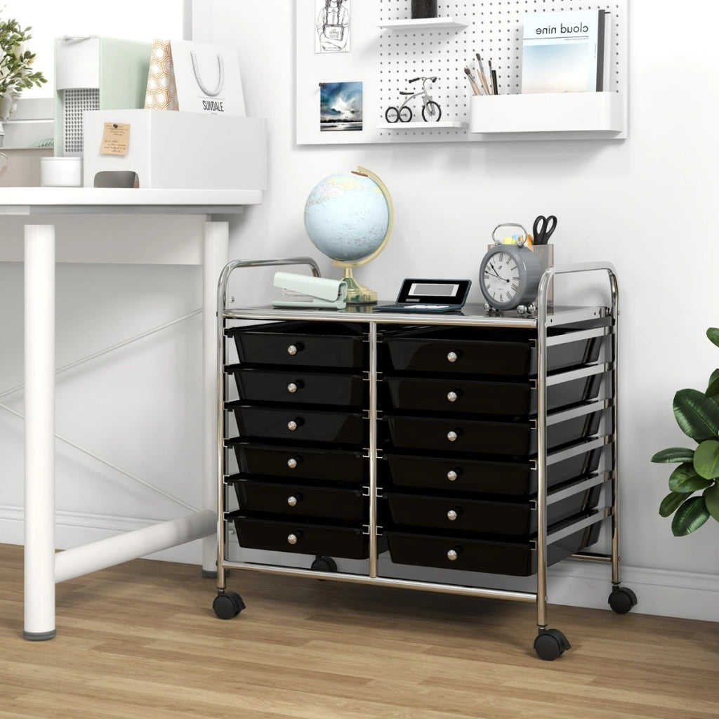 Carrello portaoggetti con 12 cassetti e ampio piano di lavoro, Cassettiera con 4 ruote per soggiorno e cucina Nero-Carrelli