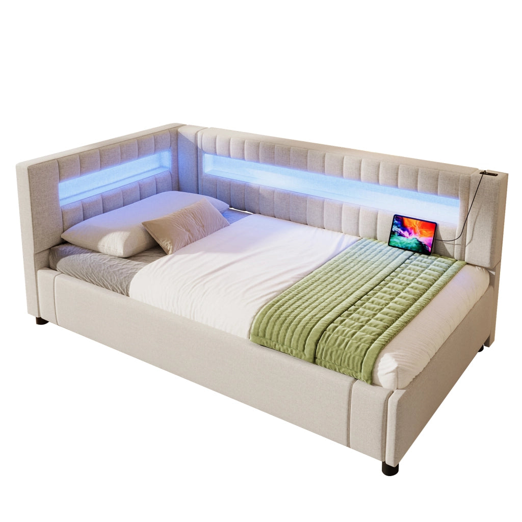 OKWISH Letto Divano 90×200 cm, Letto Singolo con Contenitore Idraulico, LED Regolabile e USB e Tipo C, senza Materasso, in Lino, Beige