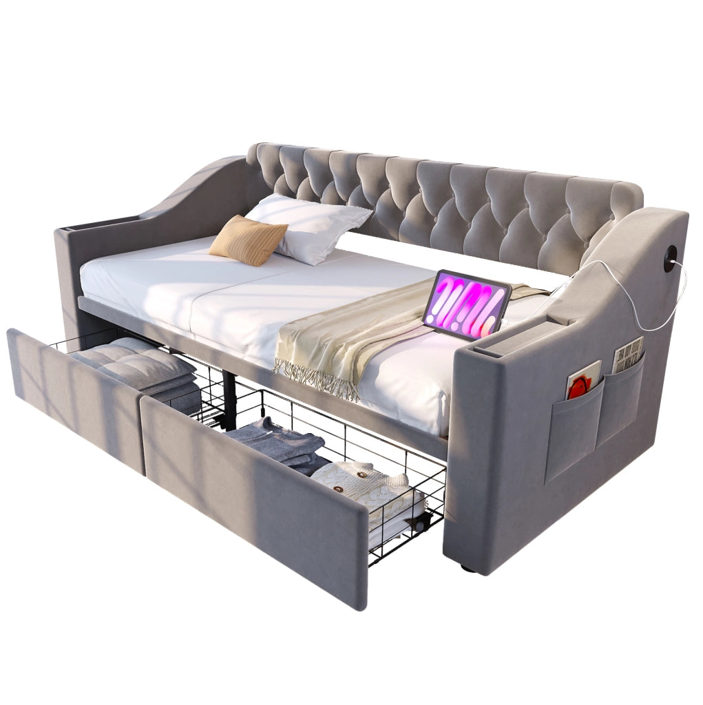 Divano letto 90x190 cm con USB e USB-C, 2 cassetti in velluto grigio chiaro