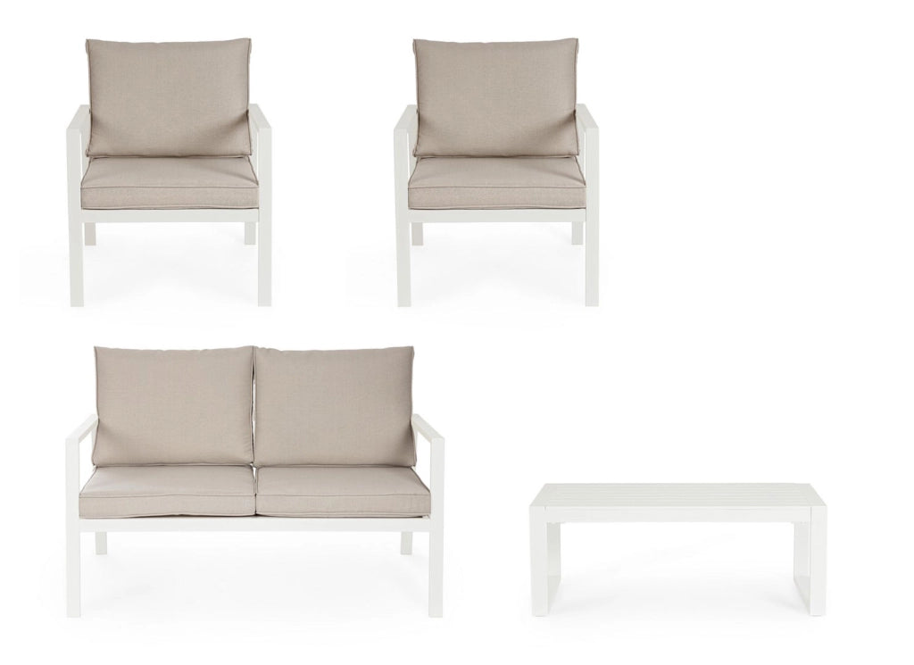 Set 4 Pezzi Salotto da Giardino con Divano 2 Poltrone e Tavolino in Alluminio e Spun Poly Hilde Bianco