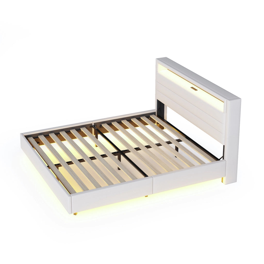 LETTO 140x200 cm in tessuto Beige con USB e luci LED
