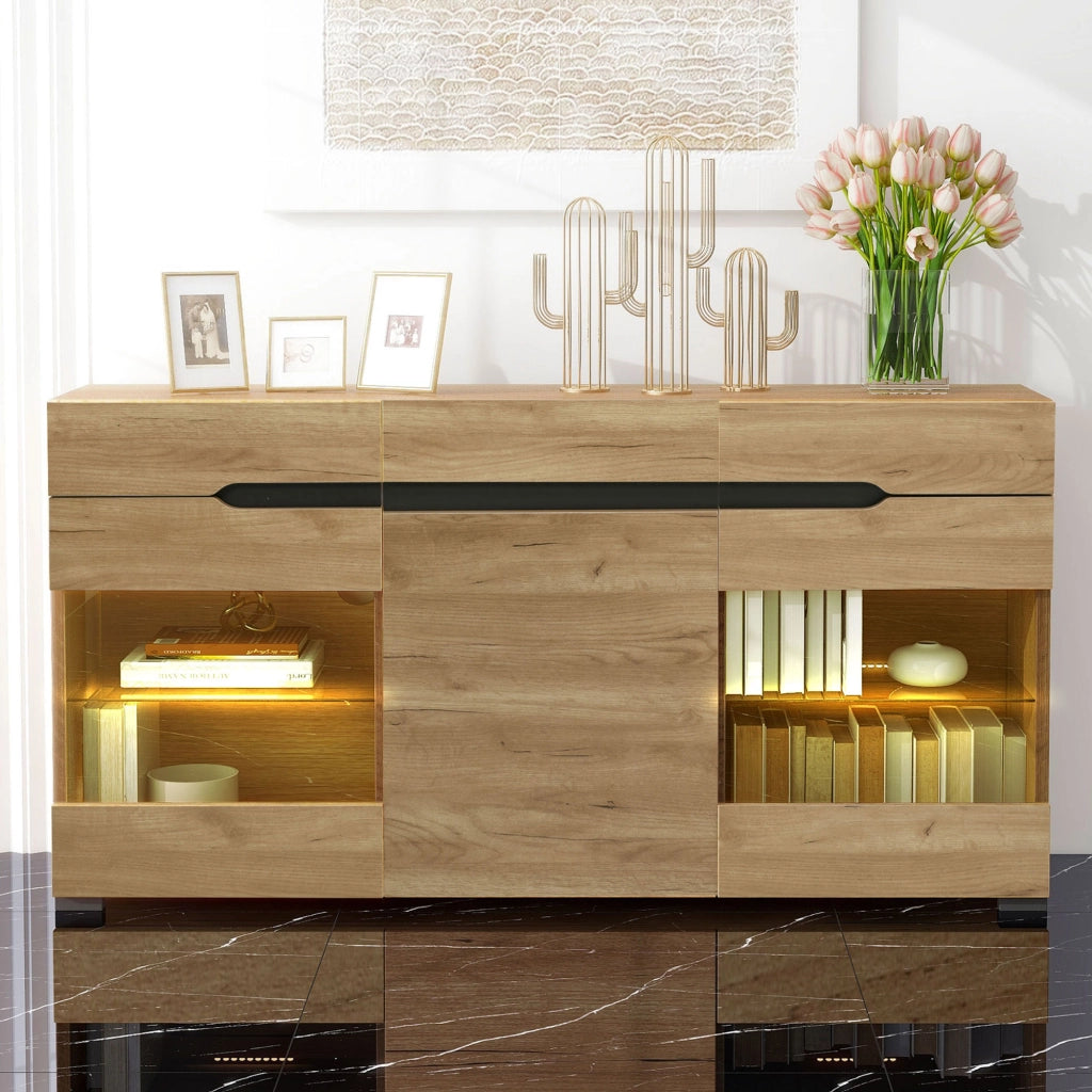 OKWISH Credenza con 3 Ante e 3 Cassetti, LED controllato da app, foro passacavi, per Soggiorno, MDF, Rovere, 140 x 35 x 80 cm