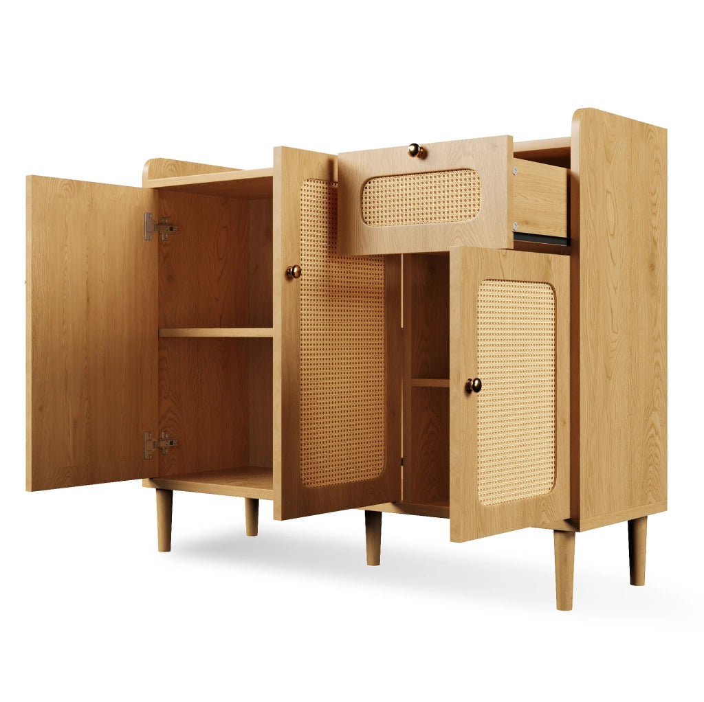 Credenza con fronti effetto rattan 120x40x91 cm in MDF colore rovere; con 3 ante e 1 cassetto