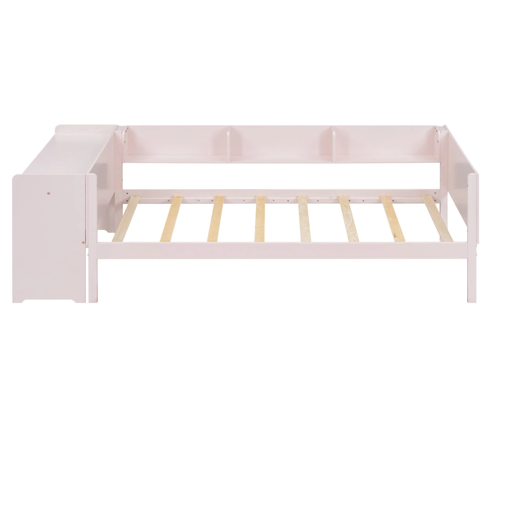 Letto per bambini 90x200 con letto estraibile, scrivania e scaffali laterali, rosa
