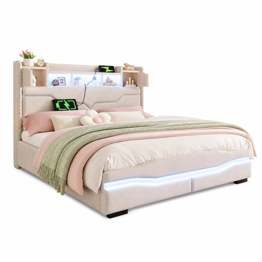 Letto imbottito contenitore 160x200 cm in lino beige con LED; USB e prese integrate