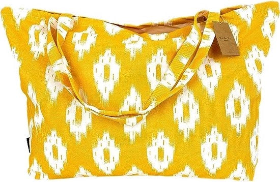 Borsa da spiaggia grande con disegno Azteco - Giallo/bianco - 65 x 40 cm - Borsa a spalla per adulti - 40 L - Borsa da nuoto, spazzola, borsa da bagno, borsa della spesa - Grande capacità - Borsa XXL con motivo mediterraneo - Interno in tessuto