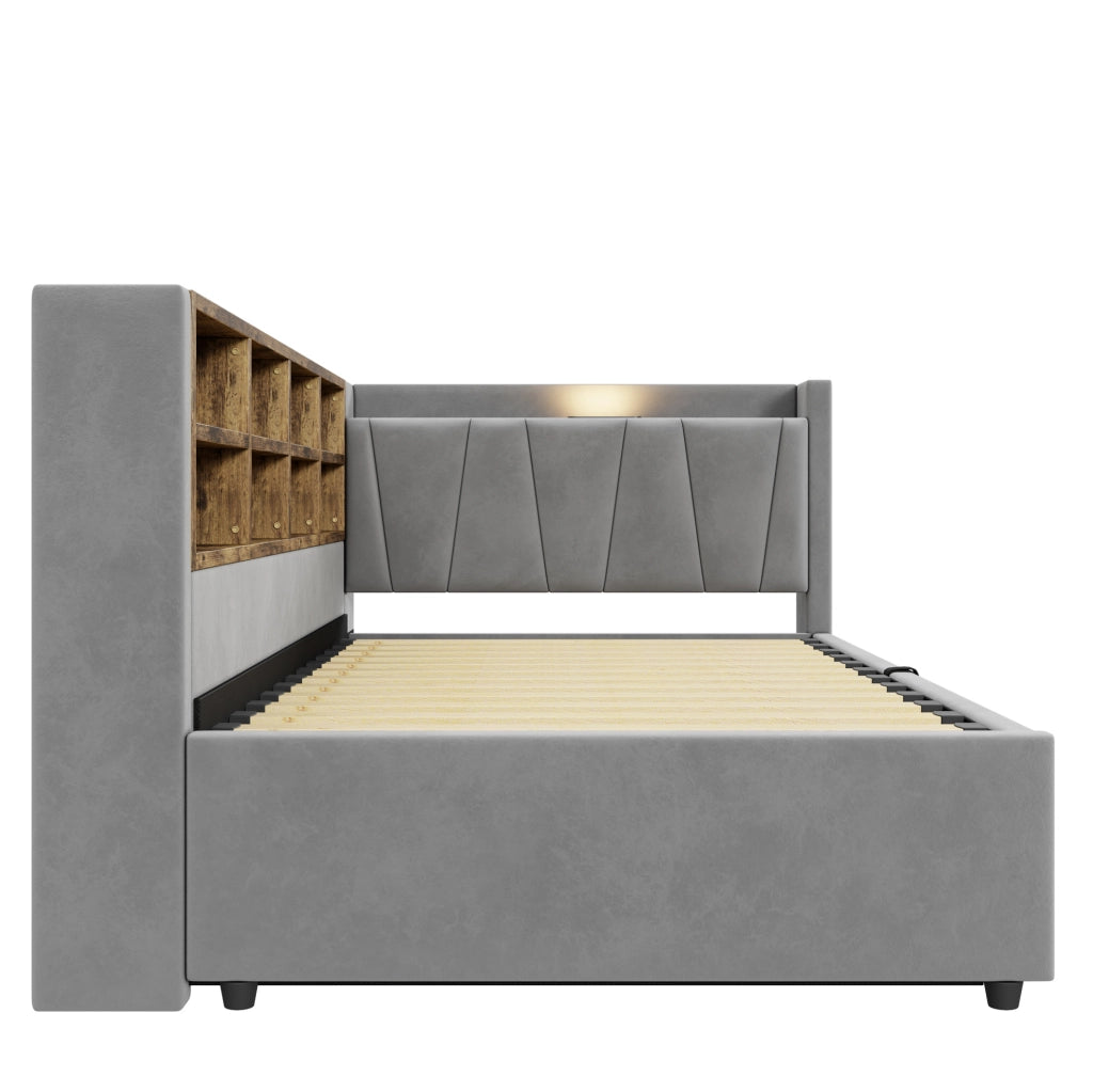 Letto imbottito 90x200 cm in velluto grigio con testiera; luce notturna; USB e Type-C