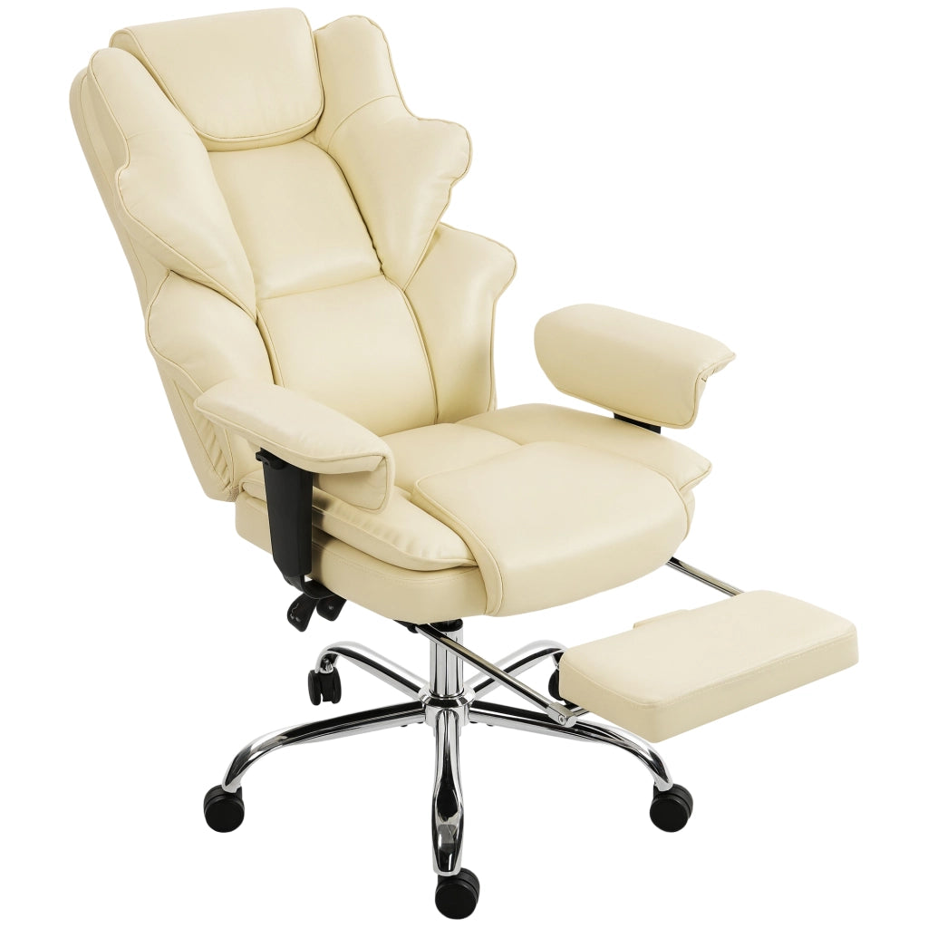 Sedia da Ufficio con Schienale Imbottito e Poggiapiedi ¨C Zephmum ¨C Pelle PU, Metallo, Bianco Crema, 76x73x117-125 cm