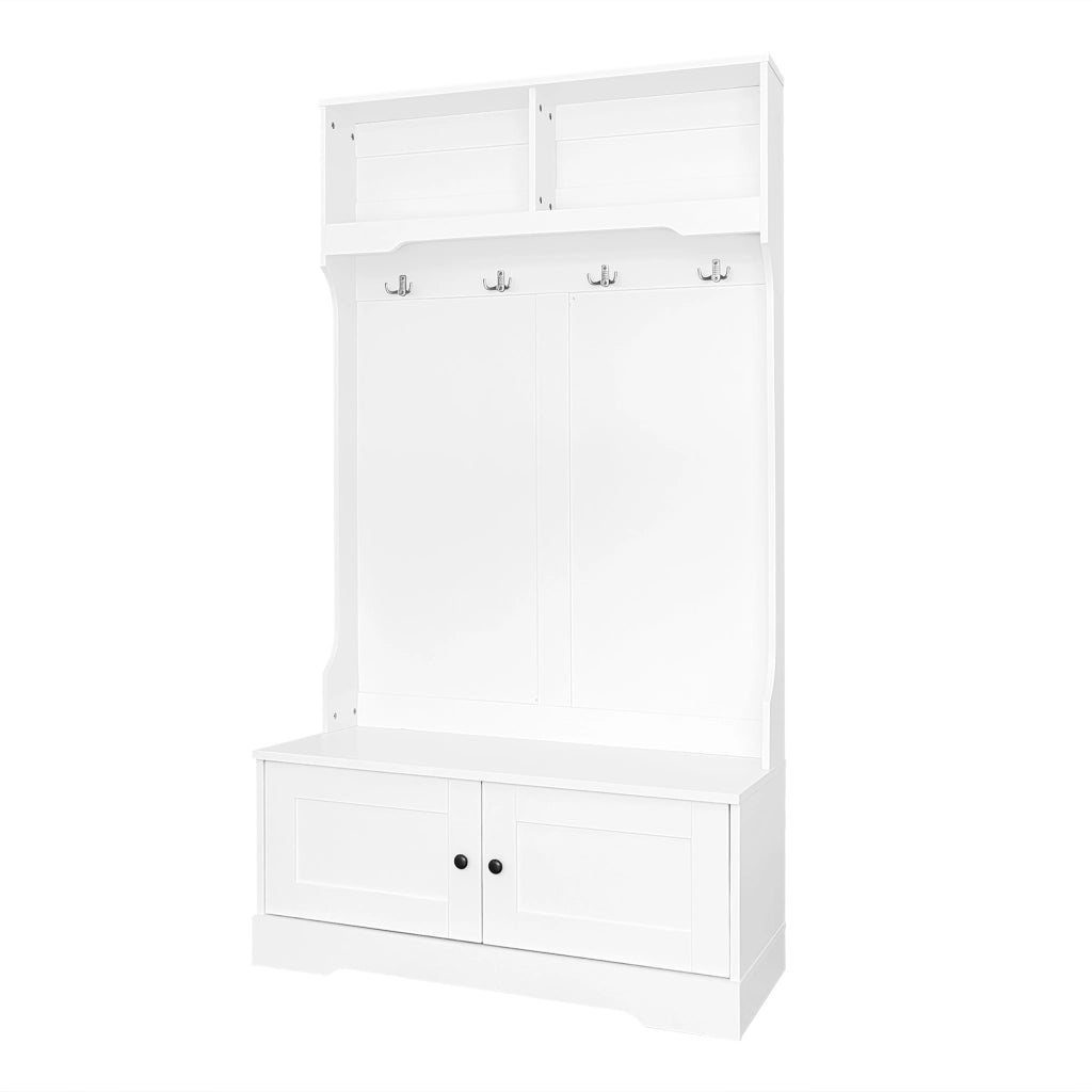 Mobile ingresso con panca; 2 ante; 2 vani aperti e 4 ganci; per ingresso; bianco; 101.5 × 183 cm