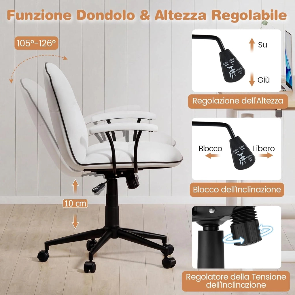 Sedia Ufficio Ergonomica con Altezza Regolabile, Poltrona Scrivania Girevole, Sedia con Braccioli Imbottiti e Ruote, Funzione Dondolo, per Ufficio Scrivania Studio (Bianco)