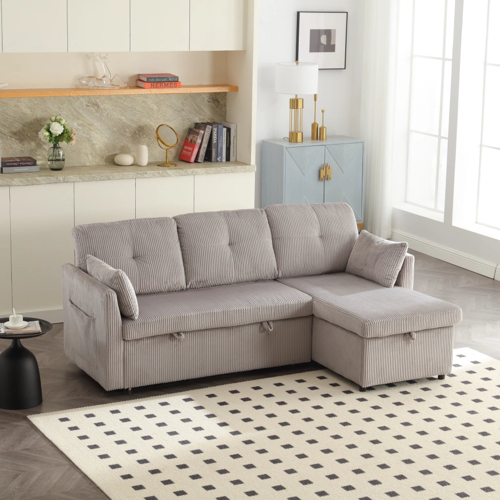 SOFA LETTO Modulare con contenitore, chaise longue intercambiabile, 206x108x66 cm, Corduroy grigio chiaro