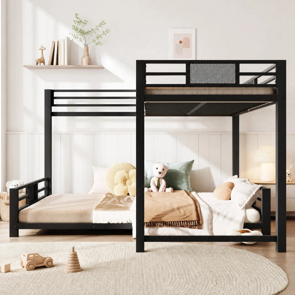 DESMIU Letto a castello 90 × 200 e 140 × 200 cm 2 posti in metallo, con sponde di sicurezza, senza materasso, nero
